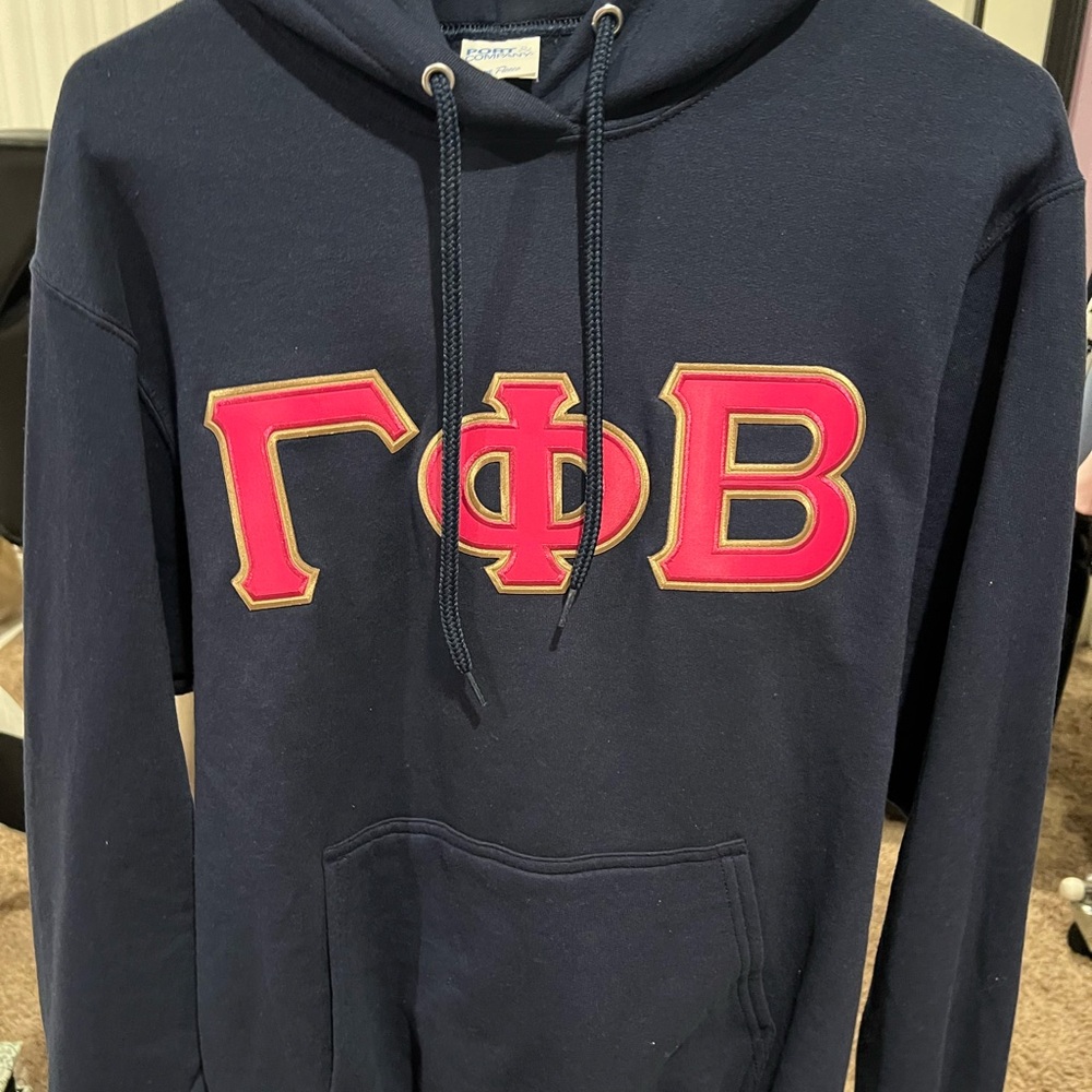 Gamma Phi Beta sorority hoodie, navy blue with pink lettering, Greek life